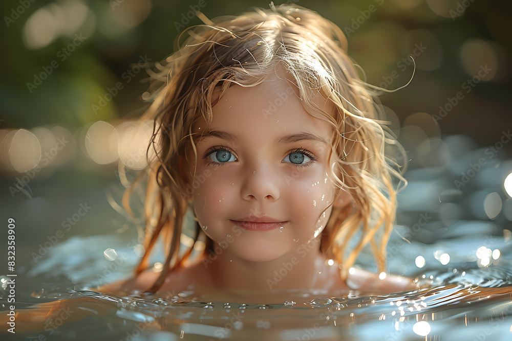 A little girl with a cute face, wearing glasses and a hairpin, playfully splashes in the pool while holding onto a bright inflatable ring,   as the water sparkles in the sunlight