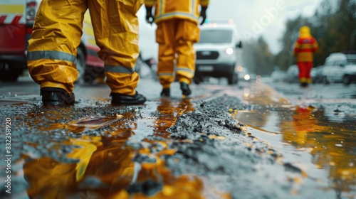 Dangerous chemical leak on a busy street, with emergency responders in protective clothing. Preparing to recover spilled chemicals.