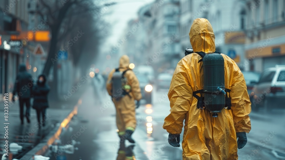 Dangerous chemical leak on a busy street, with emergency responders in protective clothing. Preparing to recover spilled chemicals. Dangerous chemical leak on a busy street, with emergency responders in protective clothing. Preparing to recover spilled chemicals.