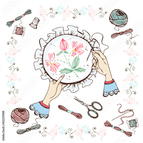 I love embroidery! A handmade postcard. Vector.