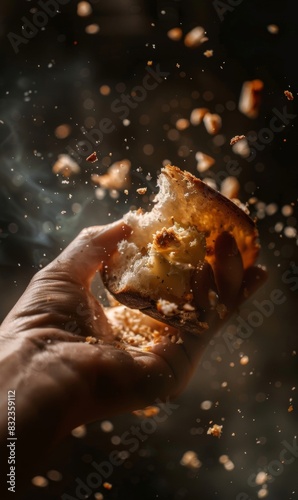 A person s hand holds a piece of bread and butter  which he takes out and bites. There were bread crumbs scattered everywhere. Reminiscent of comfort and contentment.