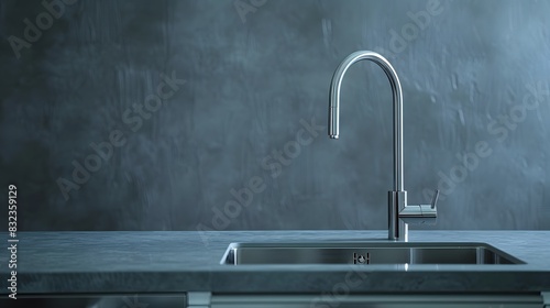 Minimalist modern kitchen sink with stainless steel faucet, sleek design against grey wall background, closeup shot with focus on the elegant and functional water tap.