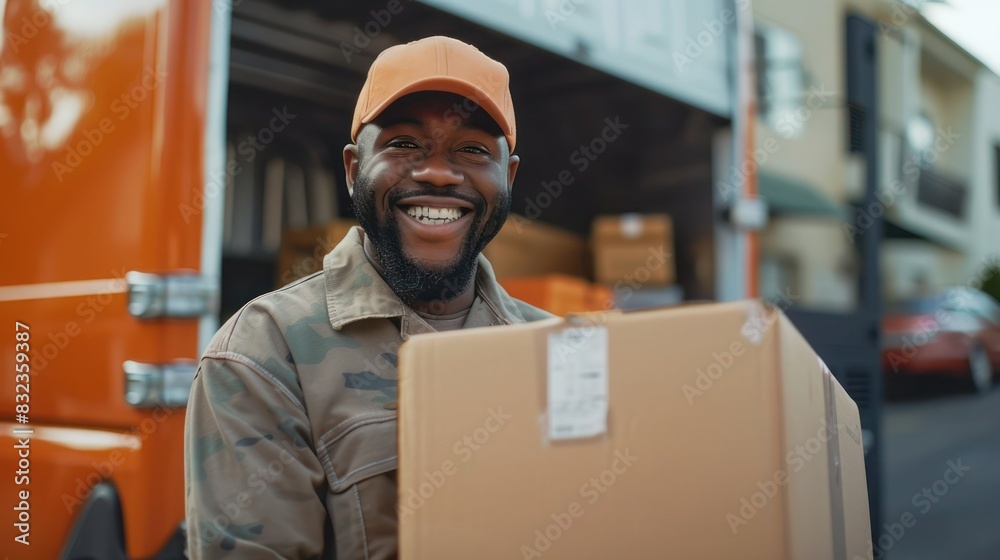 Happy delivery man holding box in front of delivery truck, Delivery man checking order of moving service and relocation service. High quality photo. Happy delivery man holding box in front of delivery truck, Delivery man checking order of moving service and relocation service. High quality photo.