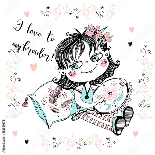 A cute girl embroiders on a hoop. Vector.
