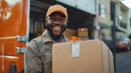 Happy delivery man holding box in front of delivery truck, Delivery man checking order of moving service and relocation service. High quality photo.  © Samady Sat 