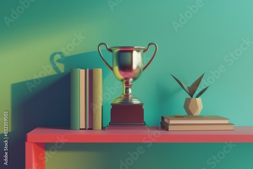 Top view flat design of a trophy next to a book, 3D render with a tetradic color scheme close up, academic excellence, vibrant, Overlay, study desk backdrop