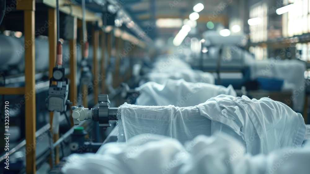 Modern textile factory with automated machinery and conveyor belts, Eco-conscious clothing manufacturing with organic fabrics Modern textile factory with automated machinery and conveyor belts, Eco-conscious clothing manufacturing with organic fabrics
