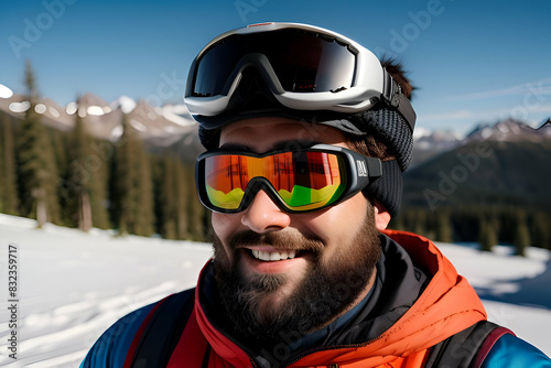 A portrait of a bearded man wearing ski goggles on his way to the top of the mountain. The concept of endurance in the way © Matan
