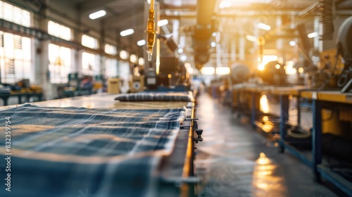 Modern textile factory with automated machinery and conveyor belts  bathed in warm light. Eco-conscious clothing manufacturing with organic fabrics and solar-powered machines.