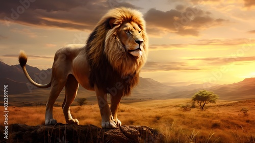 A majestic lion standing in the vast savannah.