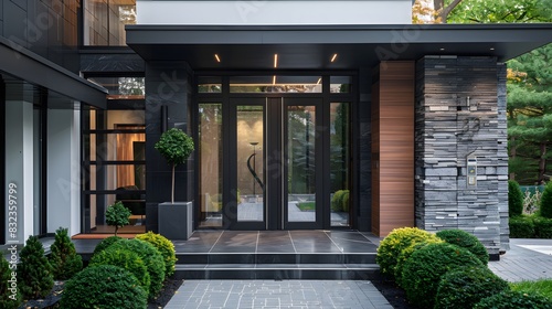 Modern house with black aluminum door frames, wooden panels and glass windows on the front of which there is an entrance to one large double doors with chrome details. photo