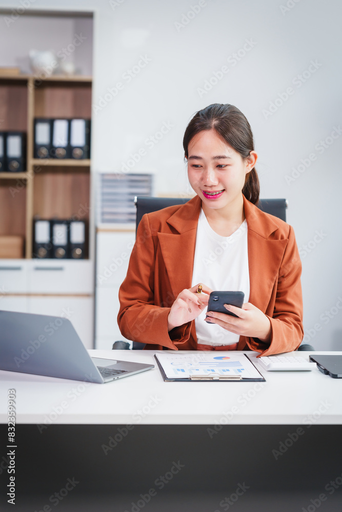 Asian businesswoman specializing in stock market and financial services, including roles as a loan officer, investment banker, legal advisor, discusses loan applications and investment strategies