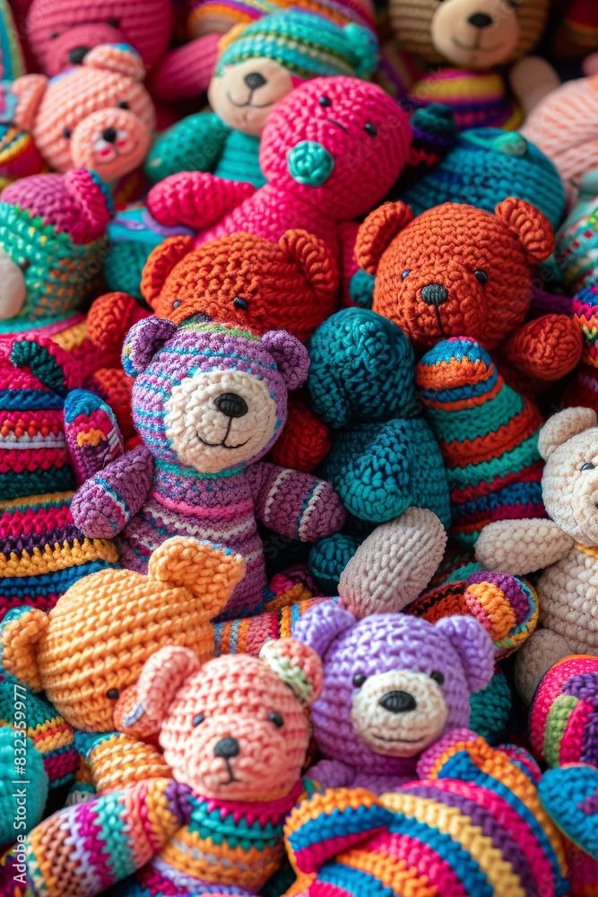 Close-Up of Colorful Crochet Teddy Bears