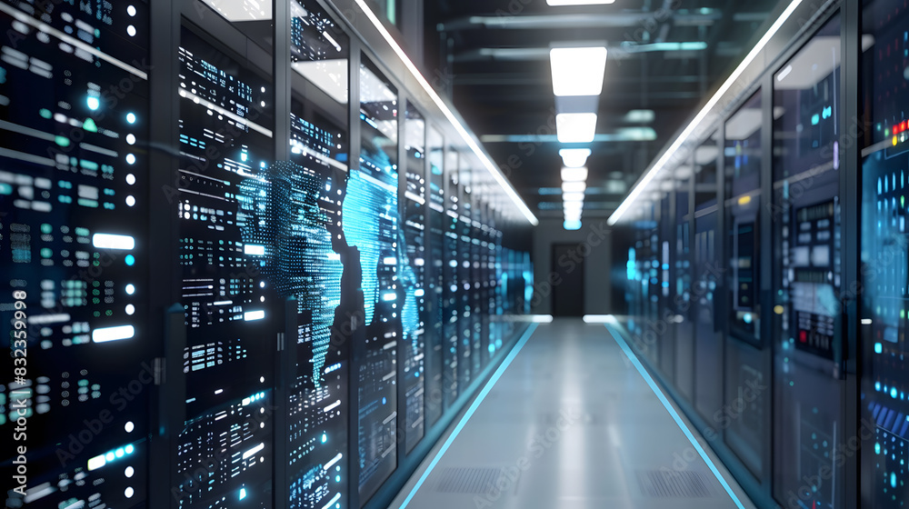Fototapeta premium Abstract technology background of server room with rows of rack-mounted servers. 3D rendering.