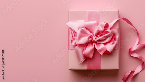 Pink gift box with ribbon bow on light pink background,