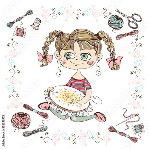 A cute girl is engaged in needlework and embroidery a beautiful pattern on a Hoop. Vector.