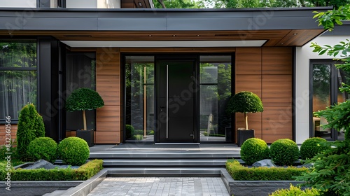 Modern house with black aluminum door frames, wooden panels and glass windows on the front of which there is an entrance to one large double doors with chrome details. © horizon