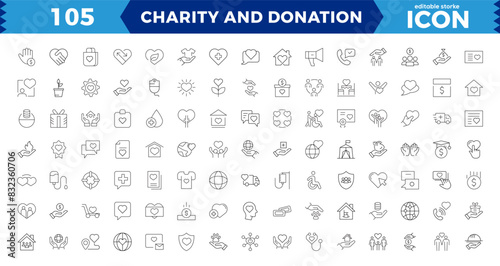 Charity and Donation set of web icons in line style. Volunteering and donation icons for web and mobile app. Help, caring, solidarity, alms, donate, volunteer, care,  Editable stroke.