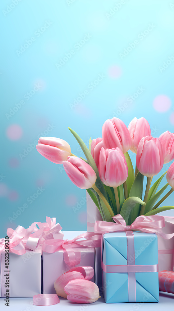 Fototapeta premium Tulips and gift box, Mother's Day theme