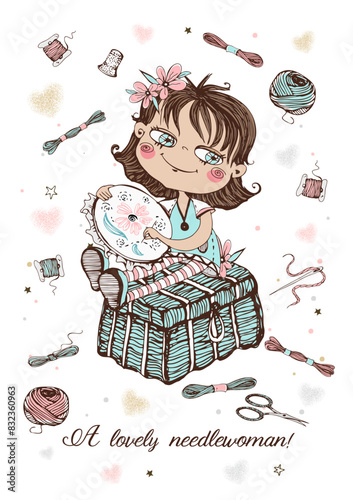 A cute girl embroiders on a hoop. Accessories for needlework. Vector.