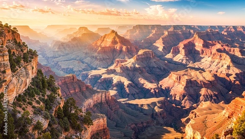 A breathtaking view of the Grand Canyon at sunset with the iconic rock formations and layers of the canyon visible in warm  golden light. The sky is filled with vibrant hues of orange  pink  and blue 