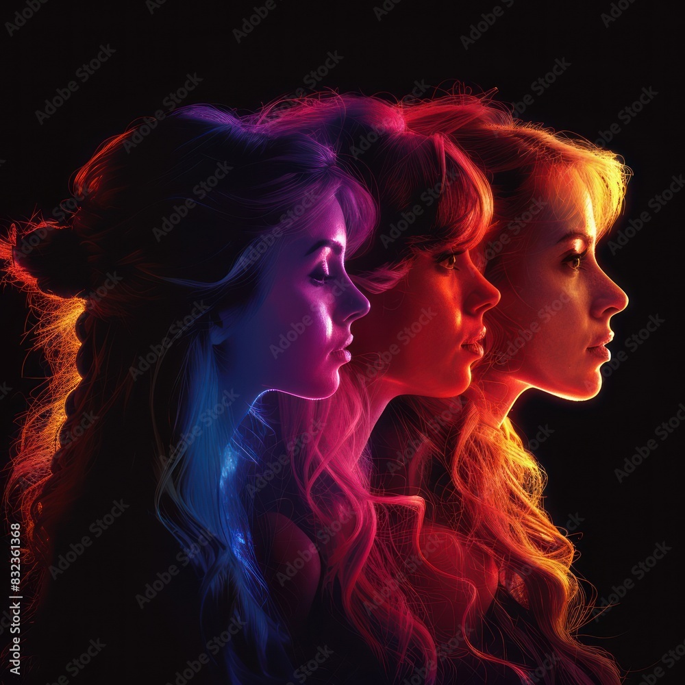 three girls with flowing hair, surrounded by smoke and flames, creating a magical and artistic scene with swirls of light and color