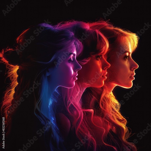 three girls with flowing hair, surrounded by smoke and flames, creating a magical and artistic scene with swirls of light and color