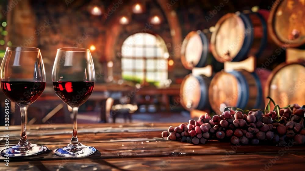 Two wine glasses with red wine on a wooden table in a vintage winery interior Two wine glasses with red wine on a wooden table in a vintage winery interior
