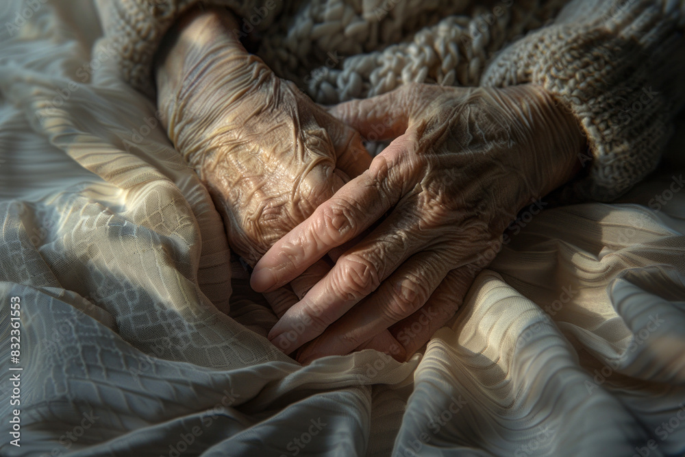 Fototapeta premium Folded wrinkled hands of an old person close up
