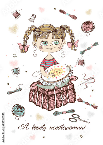 A cute girl embroiders on a hoop. Accessories for needlework. Vector.