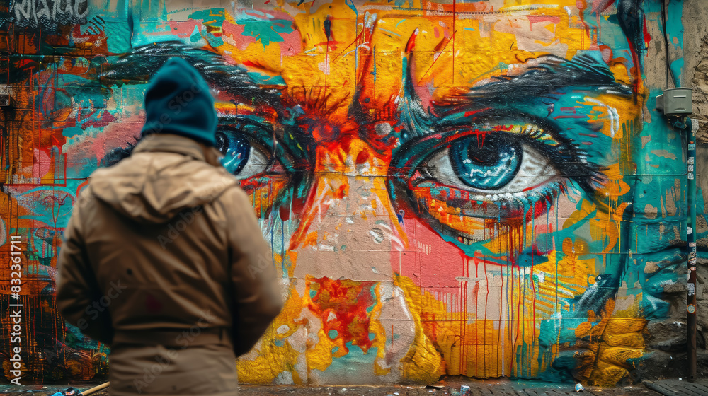 Person Viewing Vibrant Street Art Mural of an Eye