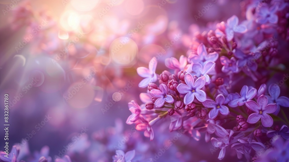 Spring lavender blossoms under sunlight Lilac flowers up close in a stunning natural panorama
