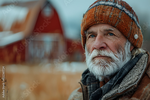 A close-up image of an American farmer, a man aged 45-50 with a sturdy build, standing confidently in a field with a large red barn visible in the background, embodying rural life and agricultural tra photo