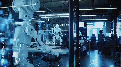 A robotics lab with engineers working on advanced robots, AI systems, and cutting-edge technology. High-tech environment.
