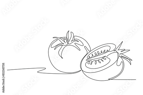 Single one line drawing of whole and sliced healthy organic tomatoes for farming logo identity. Fresh tropical vegetable for veggie garden icon. Continuous line draw design graphic vector illustration