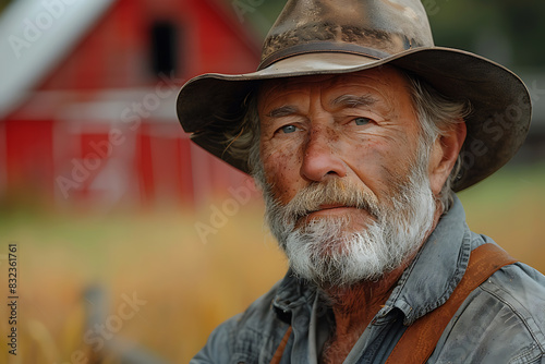 A close-up image of an American farmer, a man aged 45-50 with a sturdy build, standing confidently in a field with a large red barn visible in the background, embodying rural life and agricultural tra