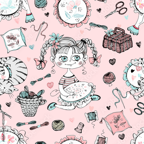 Seamless pattern on the embroidery theme. Needlework girls and embroidery accessories. Vector.