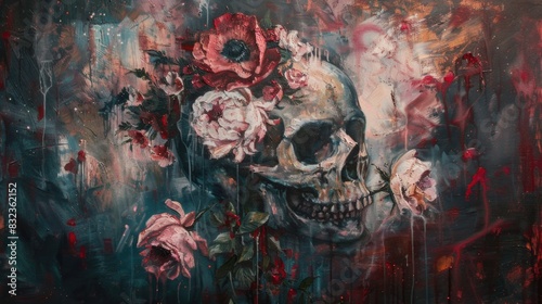 Enigmatic Skull and Flowers Abstract Artwork