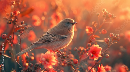 Serene Bird Amidst Blooming Flowers at Golden Hour