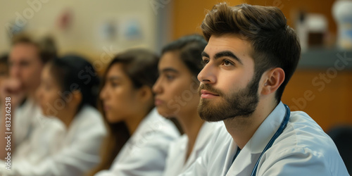 Young male medical student with a beard looks focused while sitting in a classroom wearing a white coat