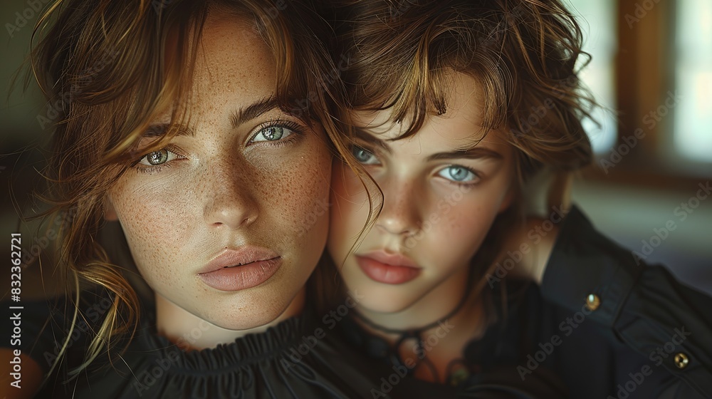 Photorealistic Portrait: Woman and Teen Staring at Camera in Classic Portraiture Style Photorealistic Portrait: Woman and Teen Staring at Camera in Classic Portraiture Style