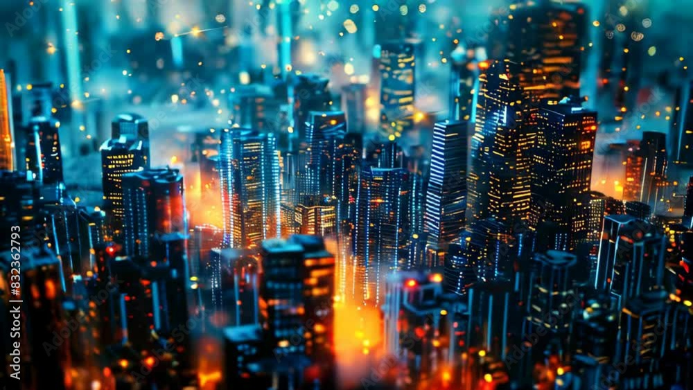 A high angle view of a blurry cityscape at night with bokeh lights A high angle view of a blurry cityscape at night with bokeh lights