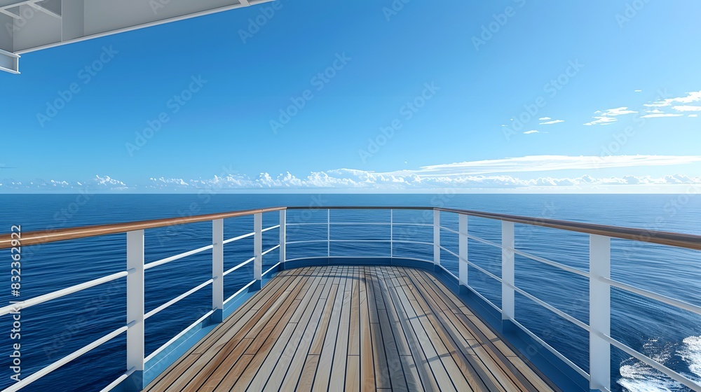 On the deck of an ocean liner, overlooking the vast sea and blue sky, there is a large white metal guardrail with a wood grain texture.
