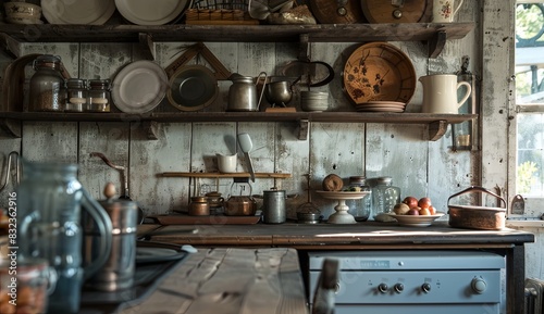 A rustic, farmhouse kitchen background with cozy interiors and vintage decor.