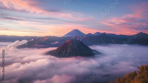 Mount Bromo at Dawn: A Serene Sunrise Spectacle Over a Sea of Clouds photo