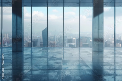 modern building and empty floor with skyline. Panoramic urban architecture cityscape with space 