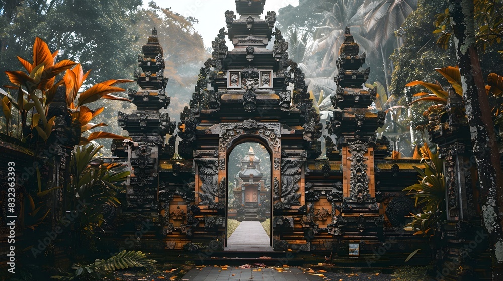 Fototapeta premium Intricate Balinese Temple Gate: A Spiritual Portal to Tropical Serenity
