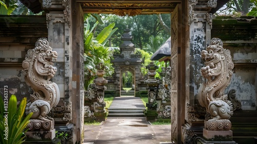 Intricate Balinese Temple Gate Amidst Lush Tropical Surroundings - A Spiritual Haven of Asian