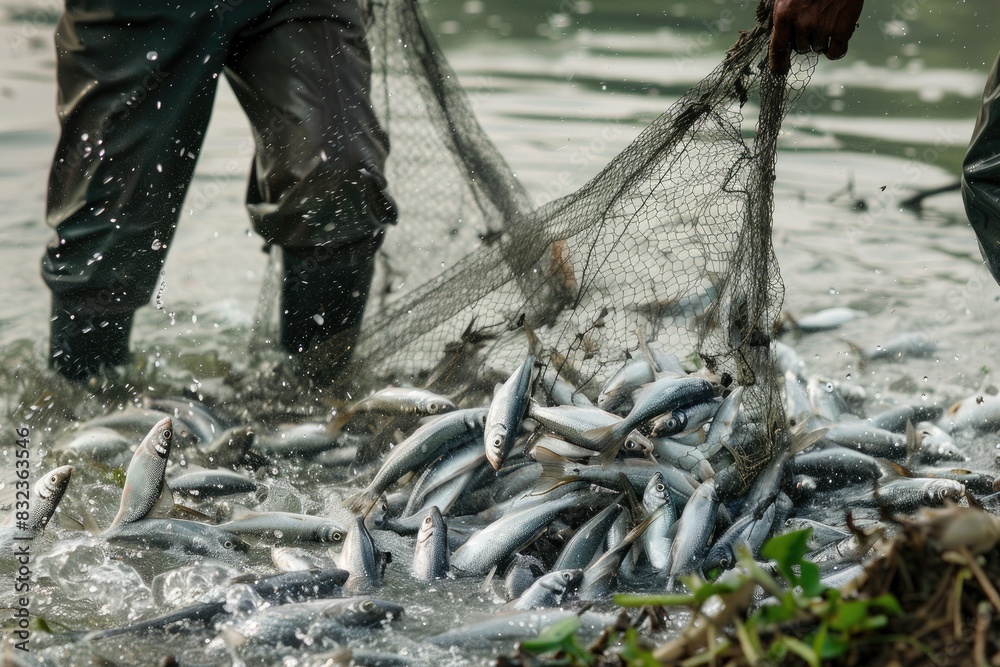 Obraz premium Successful Fish Catch on Riverbank