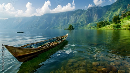 Tranquil Voyage on Lake Toba: A Traditional Indonesian Boat Amidst a Majestic Mountainous Backdrop